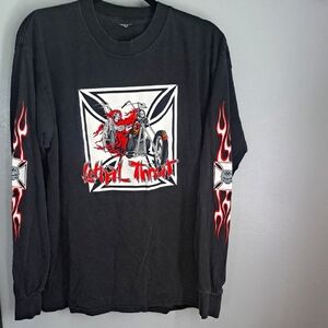 Legal Threat Motocycle Skull Goth Black Long Sleeve Graphic Shirt PTP:22"
